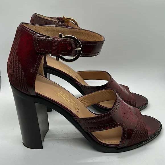 Salvatore Ferragamo Cherry Leather Nuala Block Heel Sandals Shoes **Sz 10**π₯π₯ - Picture 6 of 11